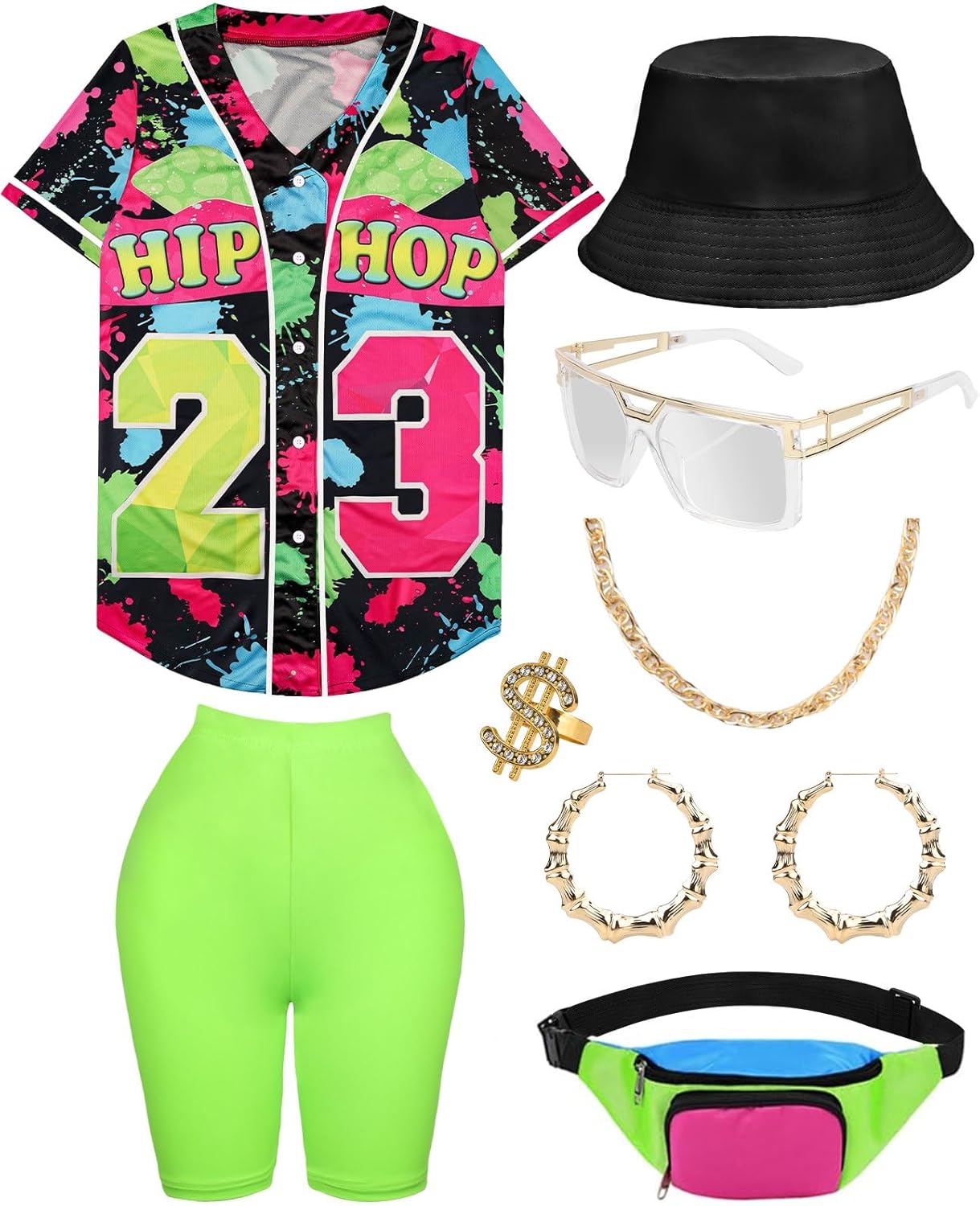 80s 90s Outfit for Women Baseball Jersey Shirt Shorts Fanny Pack Retro Party Costume Repper Accessories
