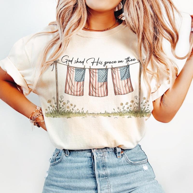 God Shed His Grace On Thee USA Flags Unisex Shirt, 4th of July Christian Patriotic Tee, Faith and Freedom Independence Day Gift