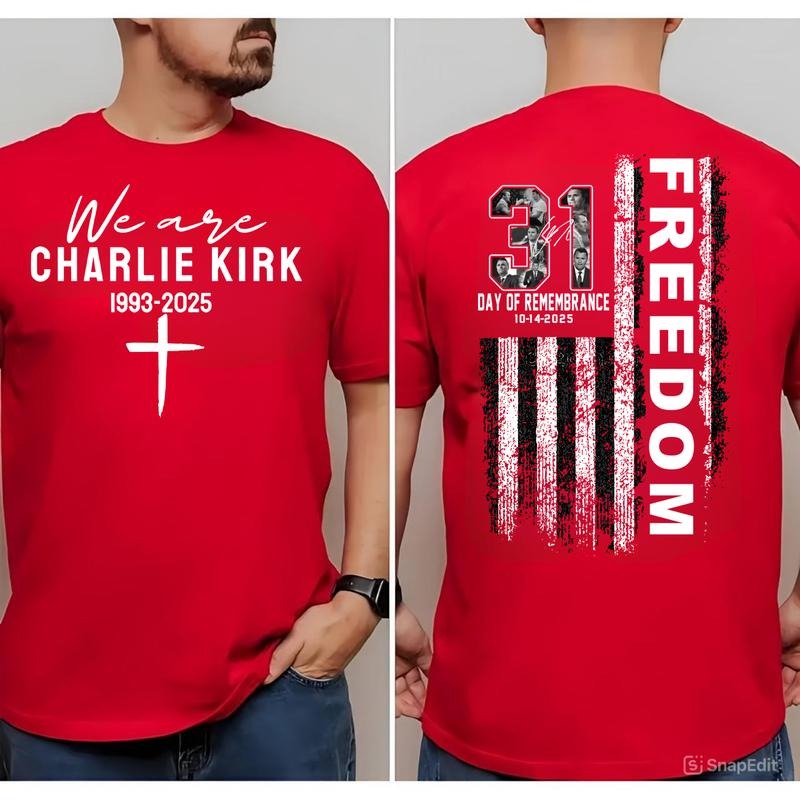October 14th Red Shirt, We Are C.Kirk T-Shirt, Freedom Quote Cross Design Shirt, Patriotic Black Tee for Men and Women, 1993-2025 Memorial