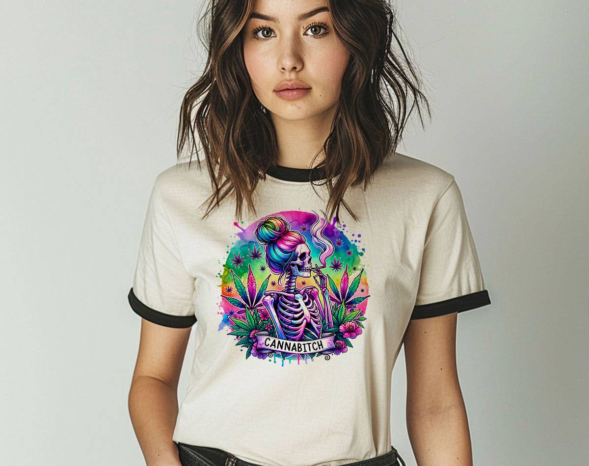 Cannabitch Skeleton Hippie - Funny Hemp Weed Ringer Tee