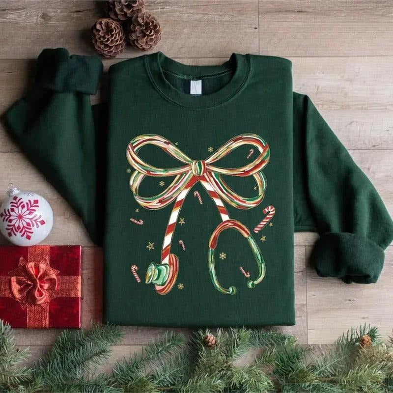 Gildan Candy Cane Stethoscope Sweatshirt, Nurse Christmas Bow Sweater, Festive Holiday Medical , Healthcare Workers Sweater, Xmas Gift for Nurses