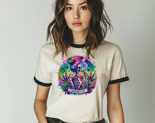 Cannabitch Skeleton Hippie - Funny Hemp Weed Ringer Tee