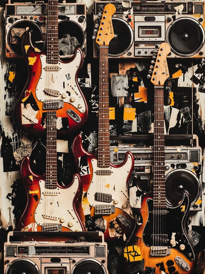 Grunge Sound Riot Stickerbomb – Vintage Guitar & Boombox Collage by ShirtsOfDeath Unisex T-shirt, Sweatshirt, Hoodie, Long Sleeve Tee