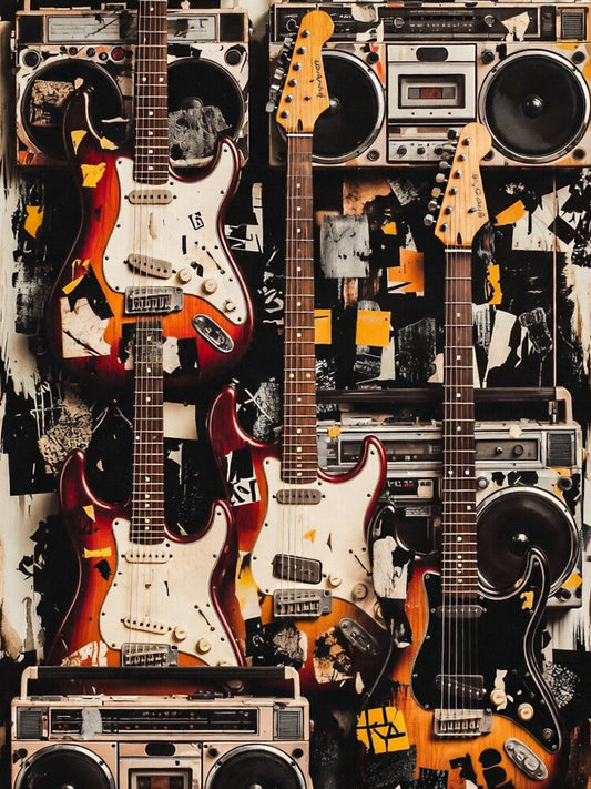 Grunge Sound Riot Stickerbomb – Vintage Guitar & Boombox Collage by ShirtsOfDeath Unisex T-shirt, Sweatshirt, Hoodie, Long Sleeve Tee